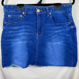 No Boundaries Mid Rise‎ Denim Mini Skirt Medium Wash Raw Hem Blue Size 15